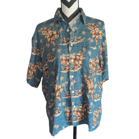 Munsingwear Hawaiian Shirt Men's M Blue Orange Floral Island Print Viscose - Picture 1 of 5